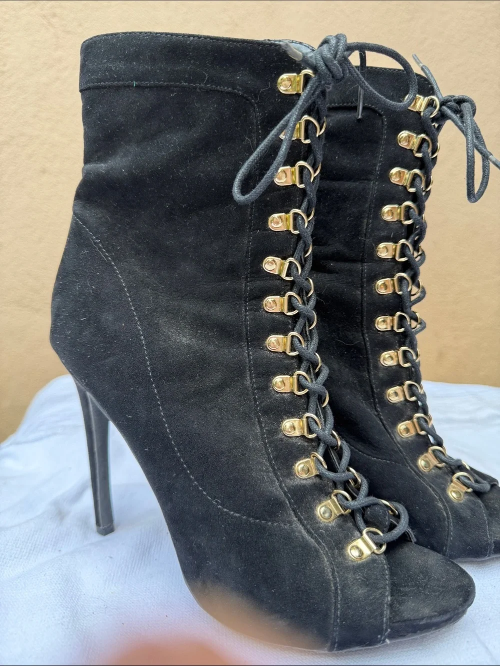 Wild Diva Black Lace-Up Peep Toe Stiletto Booties with Gold Eyelets - Picture 3 of 6